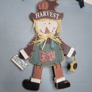 Wood Long Rich HARVEST Greetings Pumpkin Head Scarecrow 20.5 Inch Tall